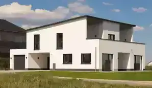 Einfamilienhaus mit Pultdach, sichtbarem Dachstuhl und großer Dachterrasse